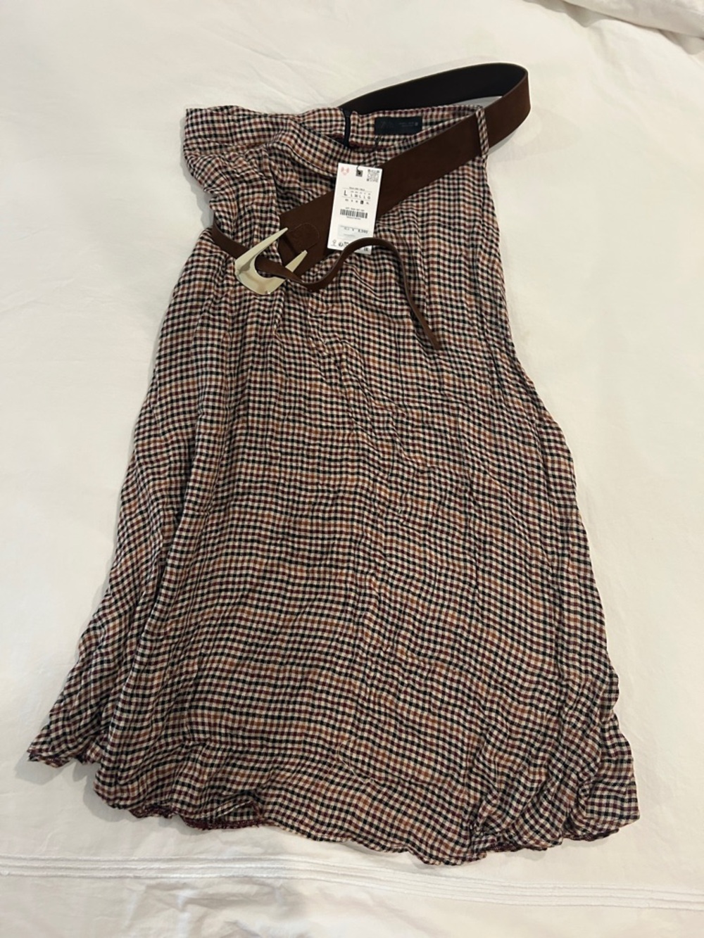 Zara plaid Checked Midi Skirt with Brown Belt large